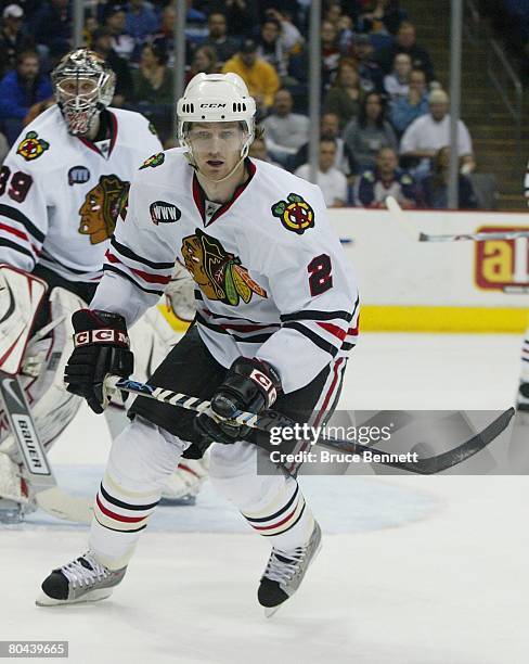 Duncan Keith of the Chicago Blackhawks skates against the Columbus Blue Jackets on March 26, 2008 at the Nationwide Arena in Columbus, Ohio. The Blue...