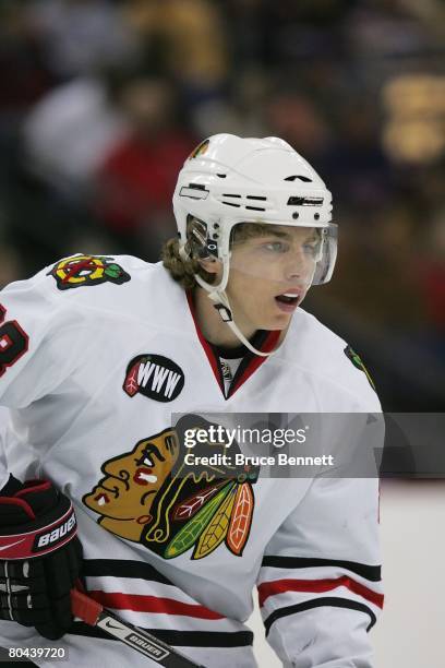 Patrick Kane of the Chicago Blackhawks in action against the Columbus Blue Jackets on March 26, 2008 at the Nationwide Arena in Columbus, Ohio. The...