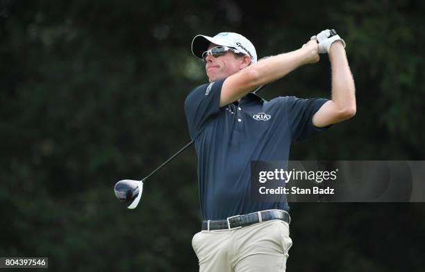 David Hearn of Canada plays a tee shot on the 18th hole during the second round of the Quicken Loans National at TPC Potomac at Avenel Farm on June...