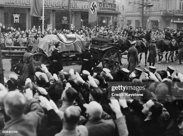 The funeral procession of German diplomat Ernst vom Rath passes through the streets of Dusseldorf, 17th November 1938. Vom Rath was assassinated in...