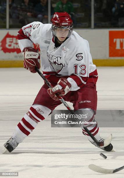 Peter Holland of the Guelph Storm skates in a playoff game against the London Knights on March 28, 2008 at the John Labatt Centre in London, Ontario....