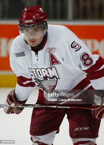 Drew Doughty of the Guelph Storm waits for a faceoff in a playoff game against the London Knights on March 28, 2008 at the John Labatt Centre in...