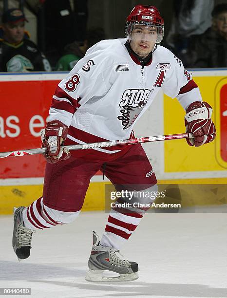 Drew Doughty of the Guelph Storm skates in a playoff game against the London Knights on March 28, 2008 at the John Labatt Centre in London, Ontario....