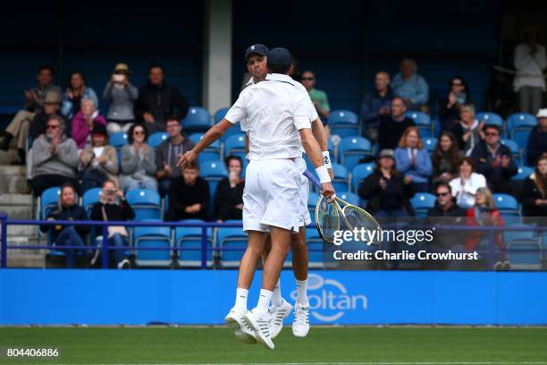 Bob and Mike Bryan celebrate after winning there mens doubles final match against Rohan Bopanna and Andre Sa on day 6 of the Aegon International...