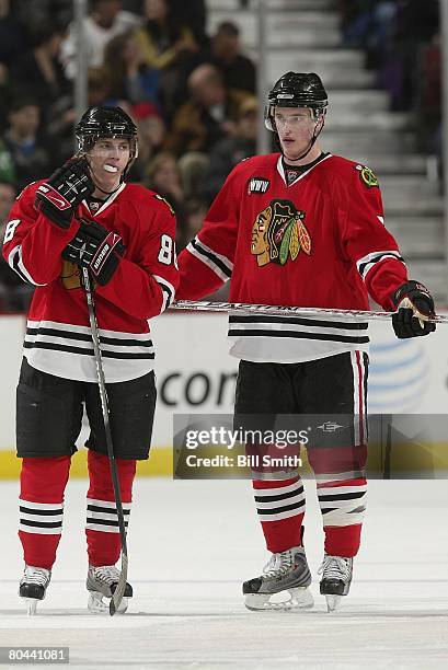 Patrick Kane and Jonathan Toews of the Chicago Blackhawks stand next to each other during a game against the St. Louis Blues on March 23, 2008 at the...