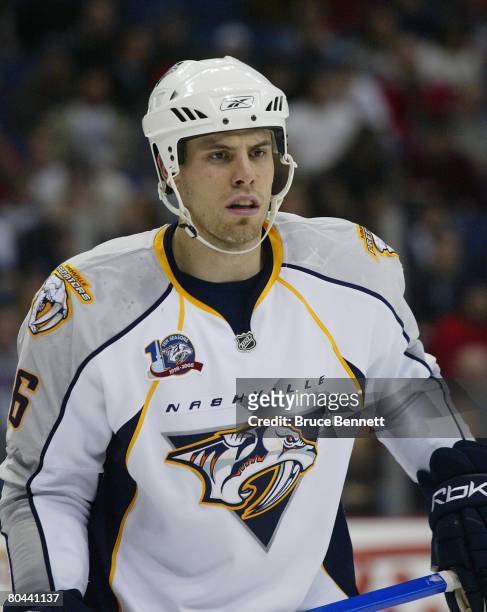 Shea Weber of the Nashville Predators skates against the Columbus Blue Jackets on March 28, 2008 at the Nationwide Arena in Columbus, Ohio.The...
