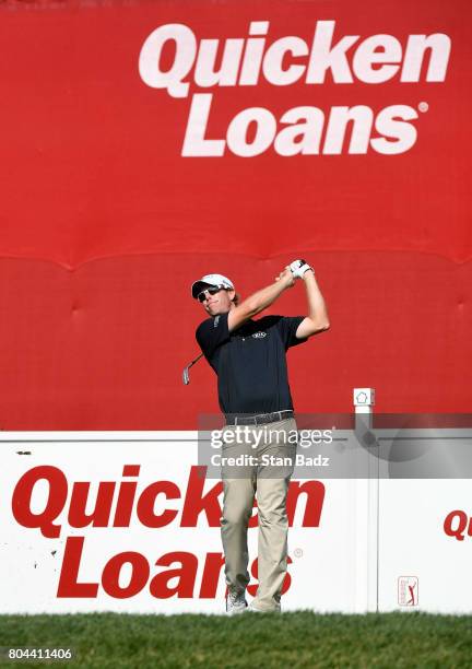 David Hearn of Canada plays a tee shot on the 17th hole during the second round of the Quicken Loans National at TPC Potomac at Avenel Farm on June...