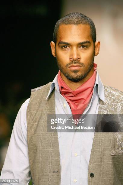 Model on runway at Monarchy Collection Spring 2008 Fashion Show during the Mercedes Benz fashion week at Smashbox Studios on October 18, 2007 in...