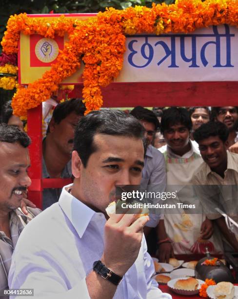 Swabhimaan Sanghathana President Nitesh Rane inaugurated Chhatrapati Vada Pav outlet at Powai outside the Nisarga Udyan on Friday -.