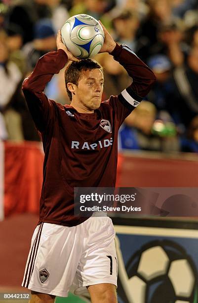 Terry Cooke of the Colorado Rapids throws the ball in during the MLS soccer game against the Los Angeles Galaxy at Dick's Sporting Good's Park on...