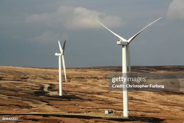 The turbine sails of the controversial Scout Moor Wind Farm in the South Pennines dominate the skyline as the the development takes shape on March...