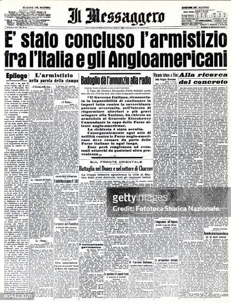 The armistice between Italy and the Anglo-Americans was concluded. The front page of 'Il Messaggero', printed page, Italy, Rome, September 9, 1943.
