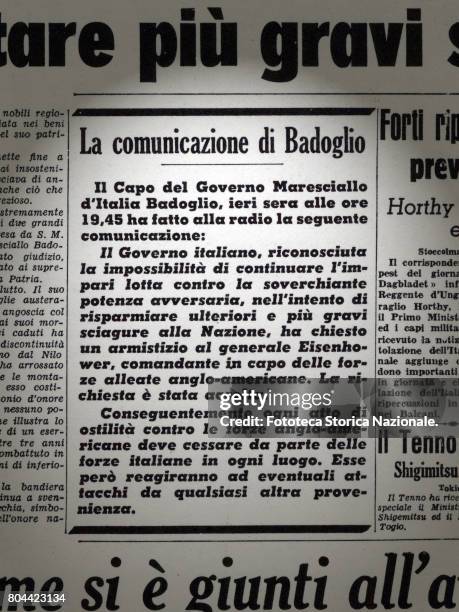 Detail from the front page of newspaper 'Gazzetta del Popolo della Sera': La Comunicazione di Badoglio. Text of the Badoglio's speech spread by radio...