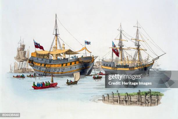 Prison ships, 1805. Prison ships, or hulks, were a common form of prison accommodation in Britain in the 18th and 19th centuries. From Costume of...