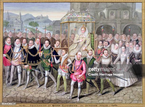 Queen Elizabeth I in procession with her courtiers, c1600-1603 . After an oil painting attributed to Robert Peake at Sherborne Castle. From Memoirs...