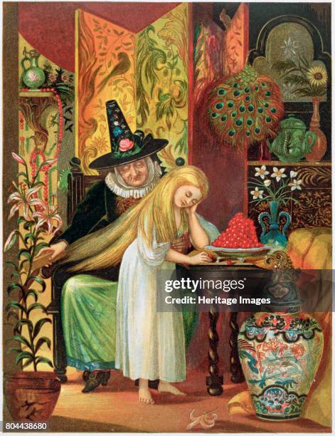 Scene from Hans Christian Andersen's fairy tale, The Snow Queen, 1872. The old witch combing Gerda's hair with a golden comb to cause her to forget...