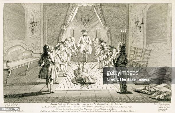 Assembly of Freemasons for the initiation of a master, c1733. From The Ceremonies of Religion and Custom, c1733. Artist Unknown.