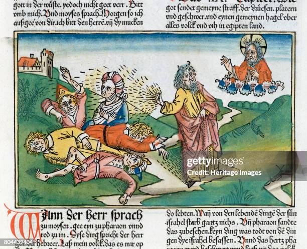 Moses and the plague of boils, one of the Seven Plagues of Egypt. Facsimile copy of a 15th century manuscript of the German School. Artist Unknown.