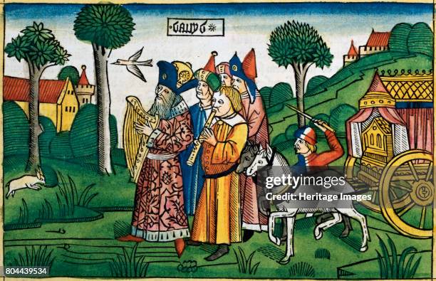 David brings the Ark to Jerusalem. Facsimile copy of a 15th century manuscript of the German School. Artist Unknown.