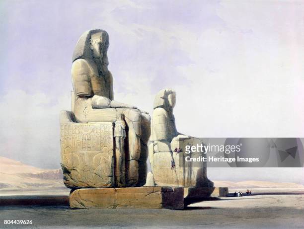 Detail of the Colossi of Memnon, Thebes, Egypt, December 4th 1838 . Two 70ft/21m stone statues of Amenhotep III that stood in front of the mortuary...