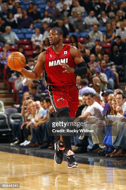 Dwyane Wade of the Miami Heat moves the ball during the NBA game against the Sacramento Kings game at ARCO Arena on March 2, 2008 in Sacramento,...
