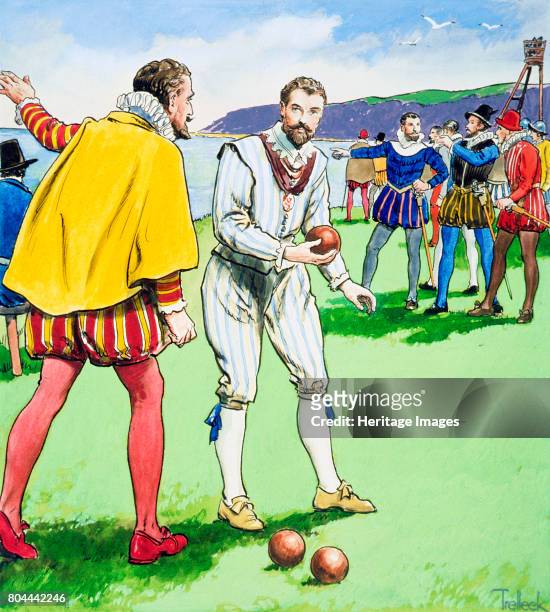 Sir Francis Drake playing bowls on Plymouth Hoe, 1588 . The famous game of bowls supposedly played by Sir Francis Drake whilst awaiting the arrival...