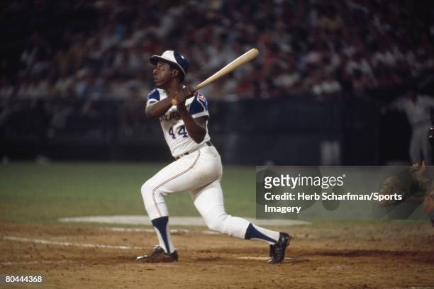 Hank Aaron of the Atlanta Braves bats against the Houston Astros during a MLB game on July 3, 1973 in Atlanta, Georgia.