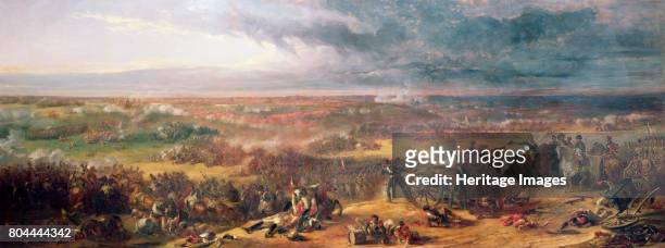 Battle of Waterloo, 1815 . On the right of the picture Napoleon and his staff watch the unfolding events on the battlefield from their position at La...