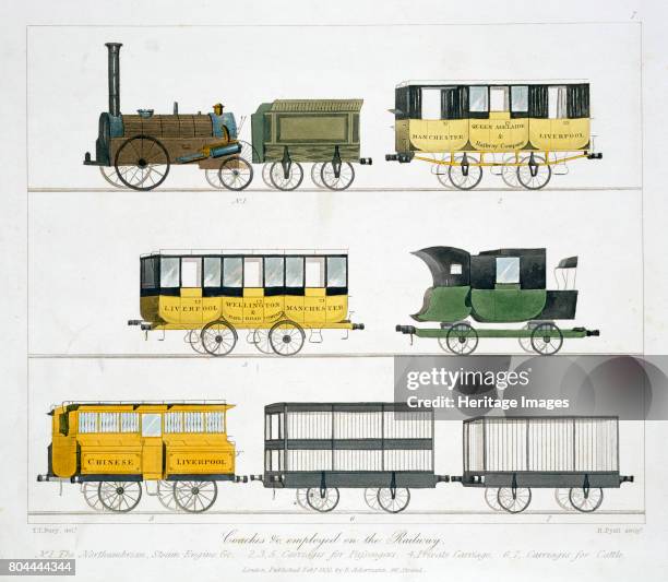 Coaches employed on the Liverpool and Manchester Railway, 1831. The locomotive 'Northumbrian', various passenger carriages and carriages for cattle....