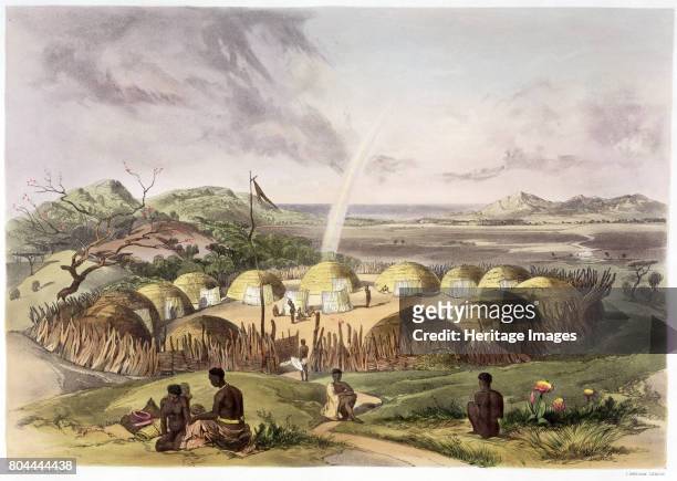 Zulu Kraal near Umlazi, Natal', 1849. Plate 27 from The Kafirs Illustrated, 1849. Artist George French Angas.