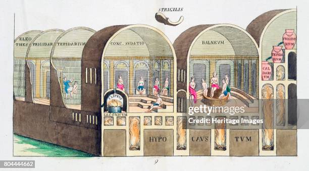 Cross section of a Roman baths, 19th century. Plate from The History of the Nations. Artist Unknown.