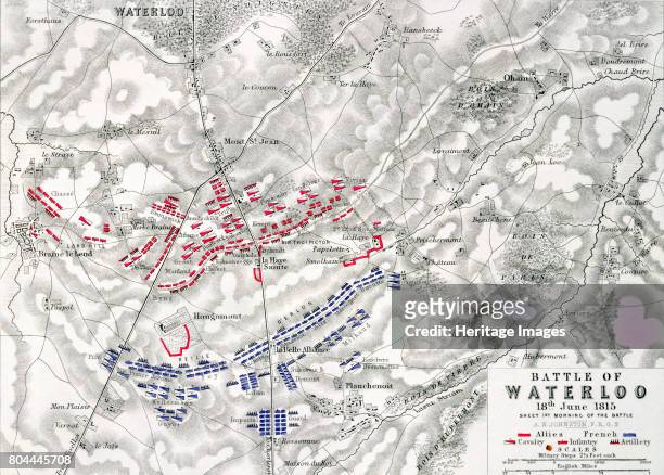 Map of the Battle of Waterloo, 18th June 1815 . Battle plan showing the positions of the British and French armies at the outset of the battle....