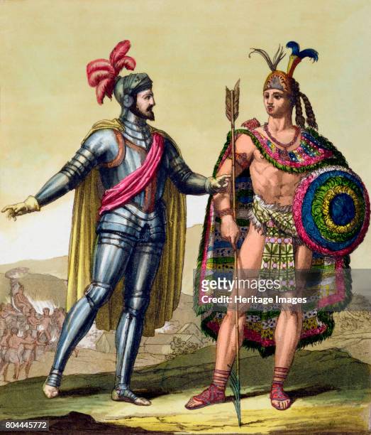 The encounter between Hernando Cortes and Montezuma II, Mexico, 1519 . Cortes was the Spanish conquistador who conquered Mexico and overthrew the...