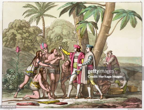 Christopher Columbus with Native Americans, 1492-1503 . Columbus made four voyages to the New World between 1492 and 1504, exploring the Caribbean...