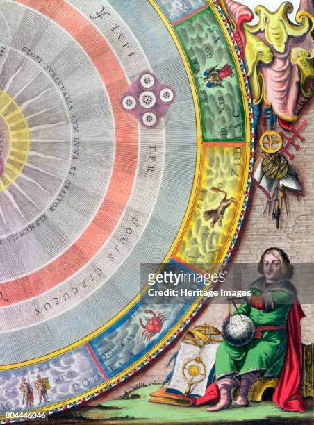 Nicolaus Copernicus, Polish astronomer, . Detail from a map showing the Copernican system of planetary orbits . From The Celestial Atlas, or The...