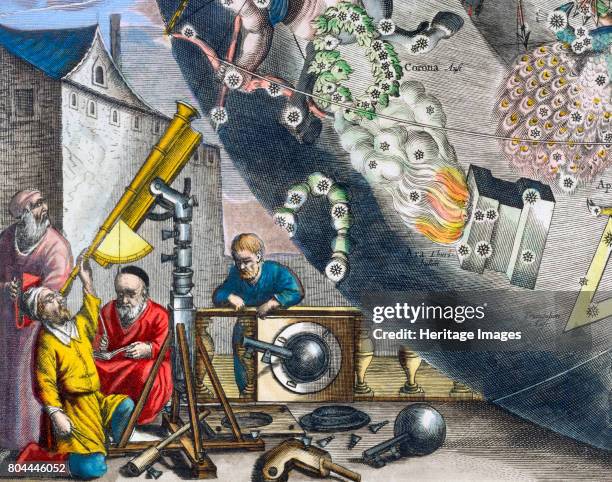 Astonomers looking through a telescope, 1660-1661. From The Celestial Atlas, or The Harmony of the Universe by Andreas Cellarius, published by...