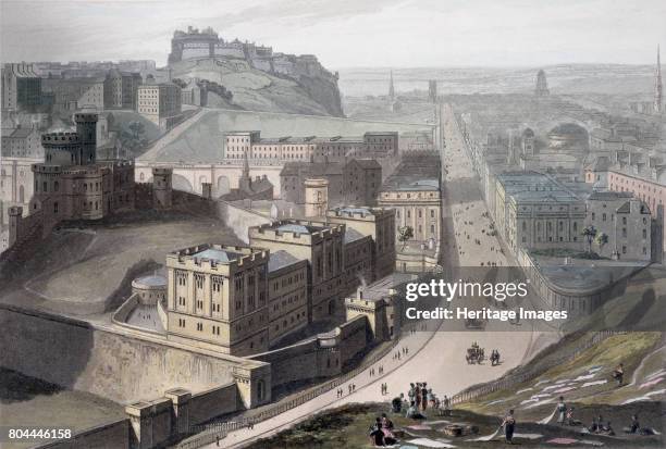 Edinburgh, from Calton Hill, 1829. Looking along Princes Street with Edinburgh Castle in the distance. From A Voyage Around Great Britain Undertaken...