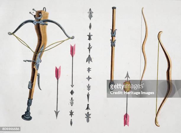 Bows and arrows from the 14th-15th century, 1842. Plate from A History of the Development and Customs of Chivalry by Dr Franz Kottenkamp, 1842....