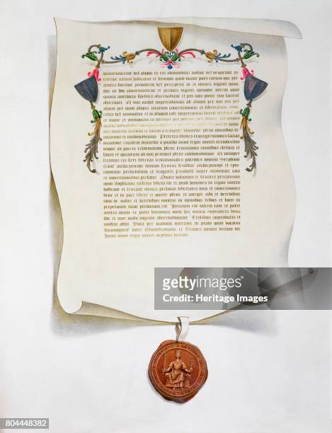 Facsimile edition of the Magna Carta, English charter, 1215 . Magna Carta, also called Magna Carta Libertatum, limited the rights of the monarch and...