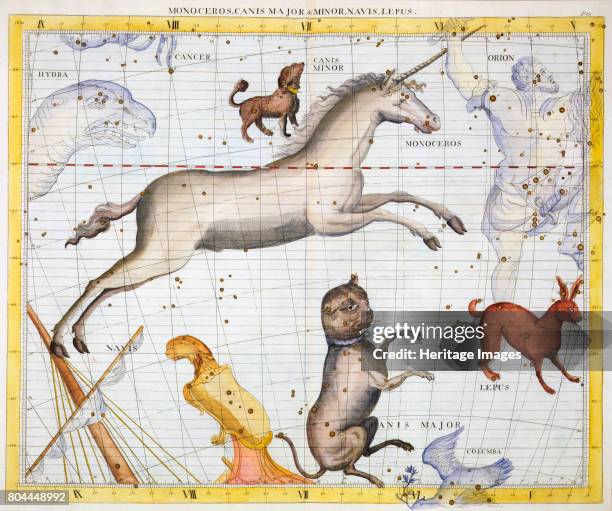 Constellations of Monoceros, Canis Major and Canis Minor, 1729. Plate 13 From Atlas Coelestis, by John Flamsteed , the first Astronomer Royal. Artist...