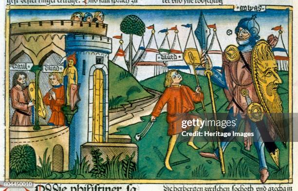 David defeats Goliath and meets Saul. Bible scene . Facsimile from a 15th century printed book of the German School. Artist Unknown.