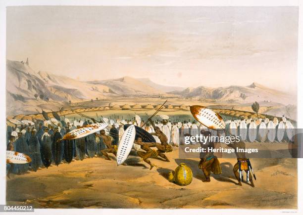 Umpanda Reviewing his Troops at Nonduengi, 1849. Mpande was king of the Zulu from 1840 until his death in 1872. Plate 12 from The Kafirs Illustrated...