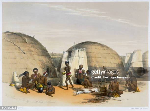 Zulu kraal at Umlazi with huts and screens, 1849. Plate 21 from The Kafirs Illustrated by George French Angas. Artist George French Angas.
