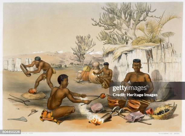 Zulu blacksmiths at work, 1849. Plate 23 from The Kafirs Illustrated by George French Angas. Artist George French Angas.