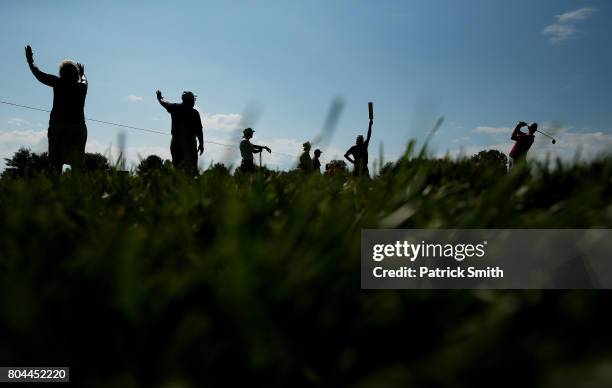 Harris English of the United States plays his shot from the tenth tee during the second round of the Quicken Loans National on June 30, 2017 TPC...