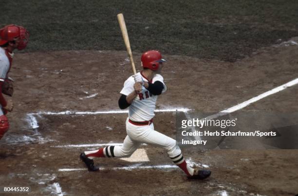 Carl Yastrzemski of the Boston Red Sox bats during Game 2 of the1975 World Series against the Cincinnati Reds on October 12, 1975 in Boston,...