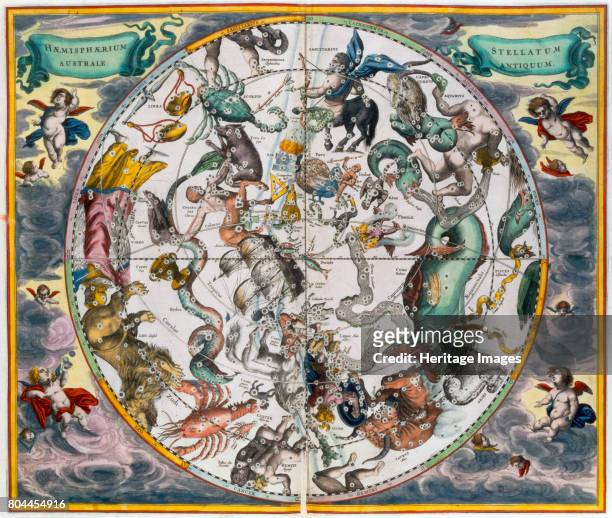 Map of the celestial Southern Hemisphere, 1660-1661. From The Celestial Atlas, or the Harmony of the Universe by Andreas Cellarius, published by...