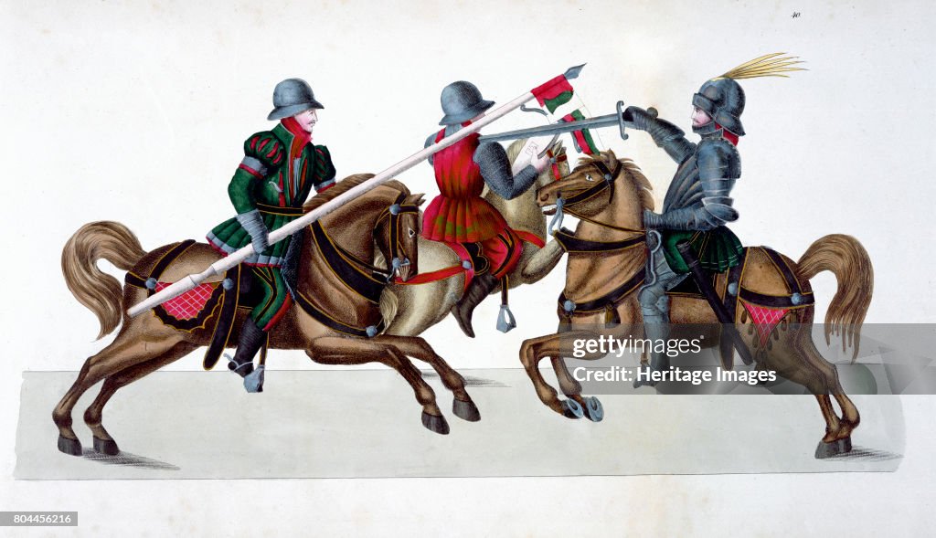 Three Knights Jousting At A Tournament 1842