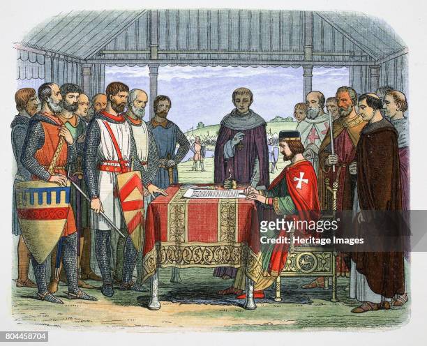 King John signs the Great Charter, Runnymede, Surrey, 1215 . John became King of England in 1199. The Angevin kings of England, Henry II, Richard I...