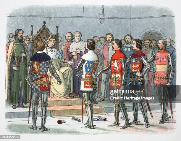 Nobles before King Richard II, Westminster, 1387 . Lords Arundel, Gloucester, Nottingham, Derby and Warwick before the King, who demands the removal...
